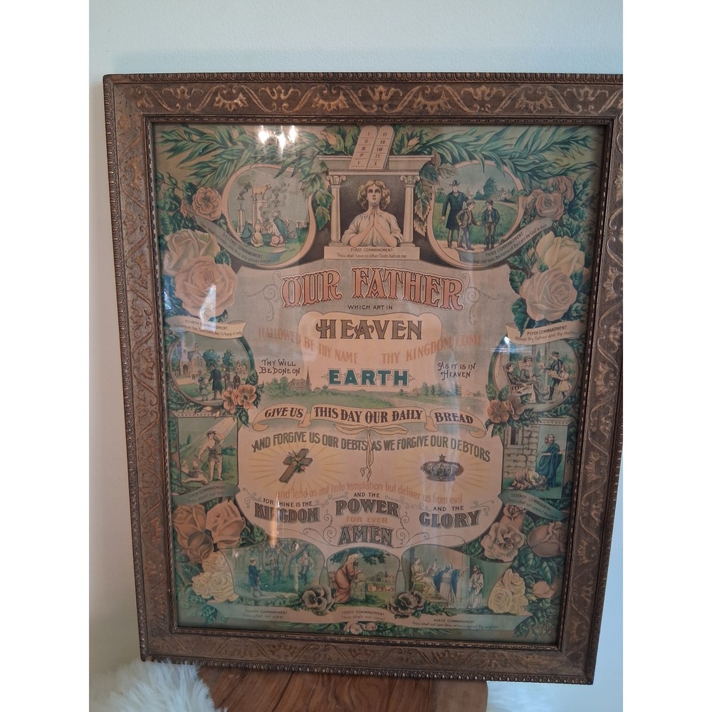 Antique Lords Prayer Ten Commandments Lithograph Ornate Embossed Frame Religious